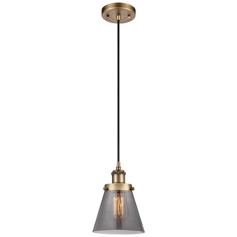 Image 1 Ballston Urban Cone 6" Brushed Brass Corded Mini Pendant w/ Smoke Shad