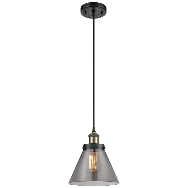 Image 1 Ballston Urban Cone 8" Black Brass Corded Mini Pendant w/ Smoke Shade