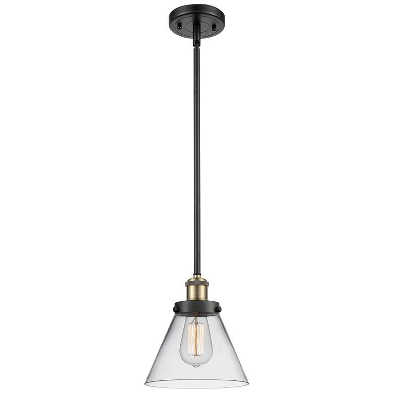 Image 1 Ballston Urban Cone 8" Black Brass Stemmed Mini Pendant w/ Clear Shade