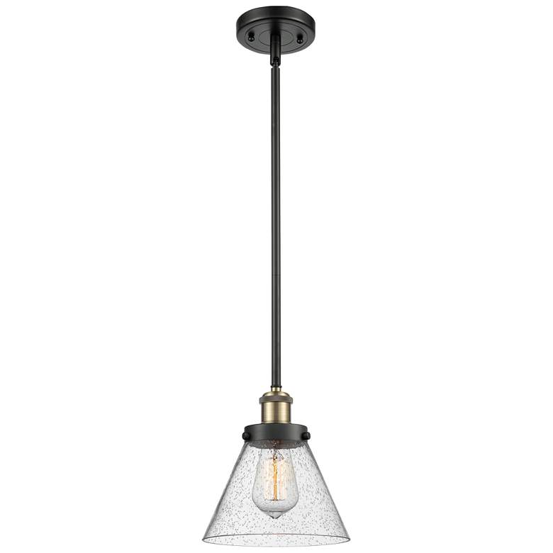 Image 1 Ballston Urban Cone 8" Black Brass Stemmed Mini Pendant w/ Seedy Shade