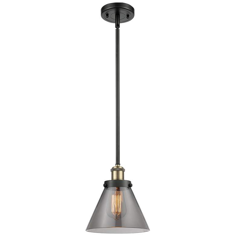 Image 1 Ballston Urban Cone 8" Black Brass Stemmed Mini Pendant w/ Smoke Shade