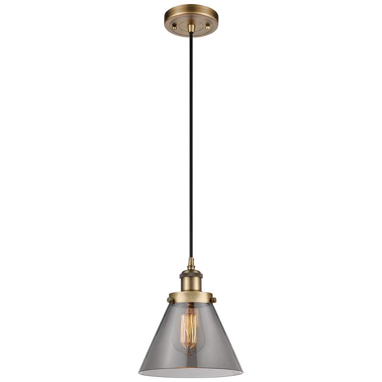 Image 1 Ballston Urban Cone 8" Brushed Brass Corded Mini Pendant w/ Smoke Shad