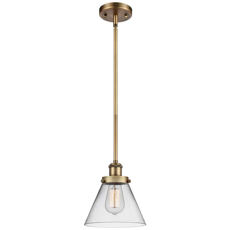 Image 1 Ballston Urban Cone 8" Brushed Brass Stemmed Mini Pendant w/ Clear Sha