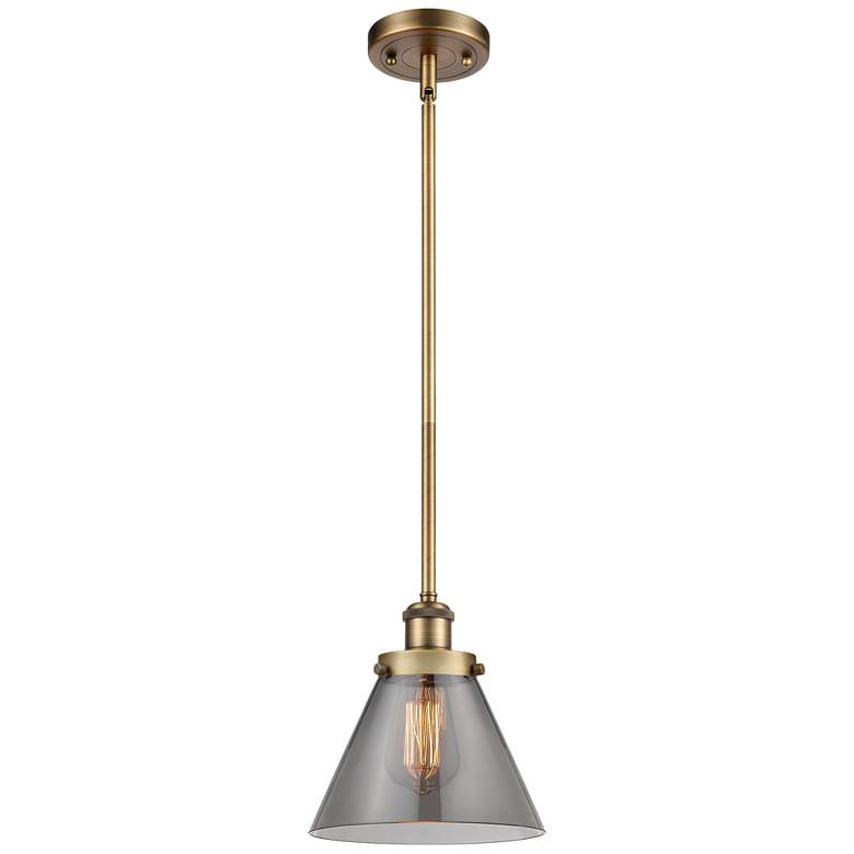 Image 1 Ballston Urban Cone 8" Brushed Brass Stemmed Mini Pendant w/ Smoke Sha