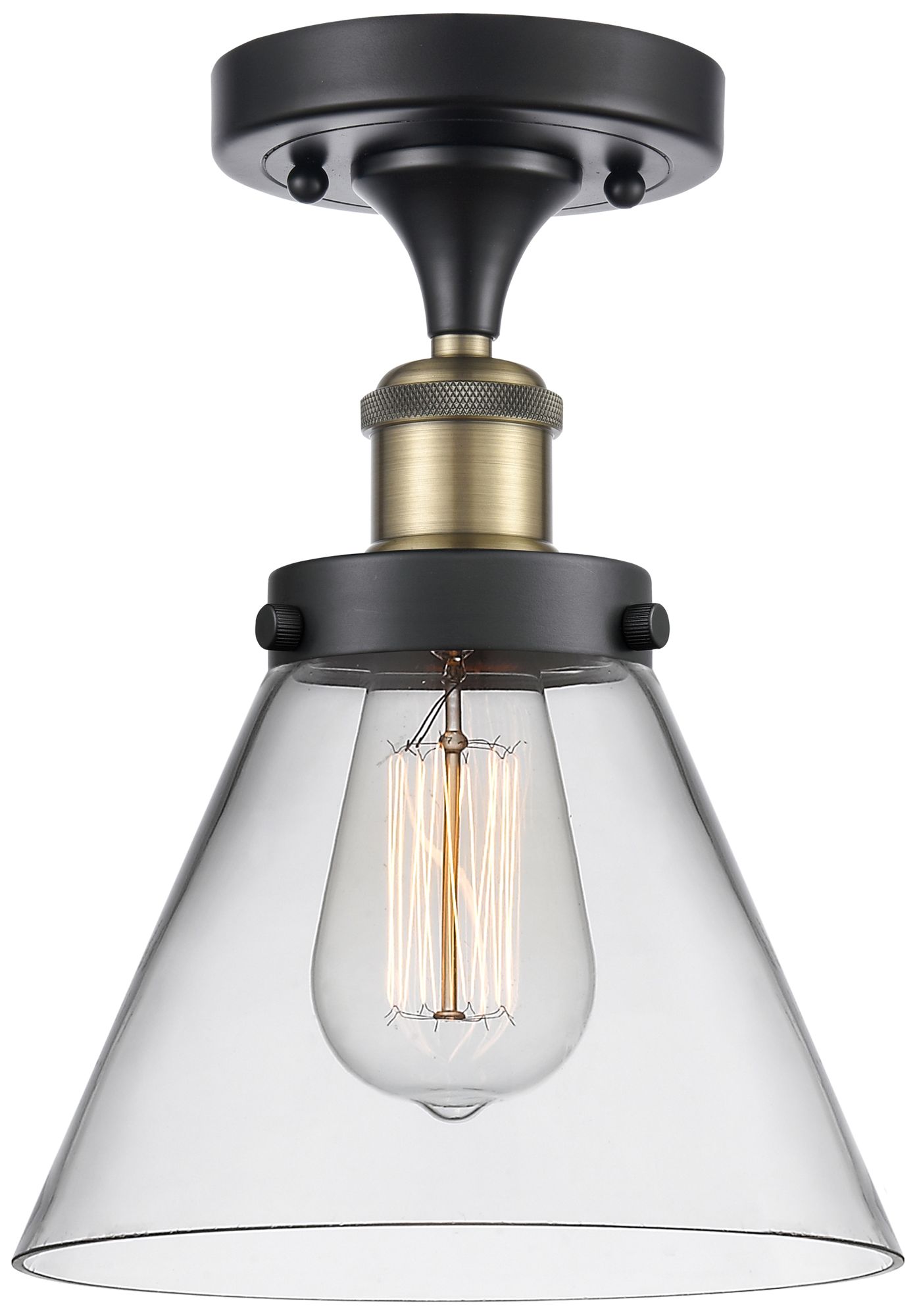 Ballston Urban Cone  8" Semi-Flush Mount - Black Antique Brass - Clear