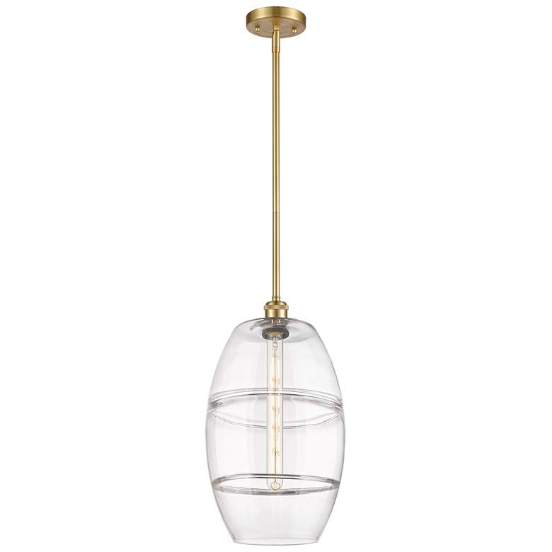 Image 1 Ballston Vaz 10" Wide Satin Gold Stem Hung Mini Pendant With Clear Sha