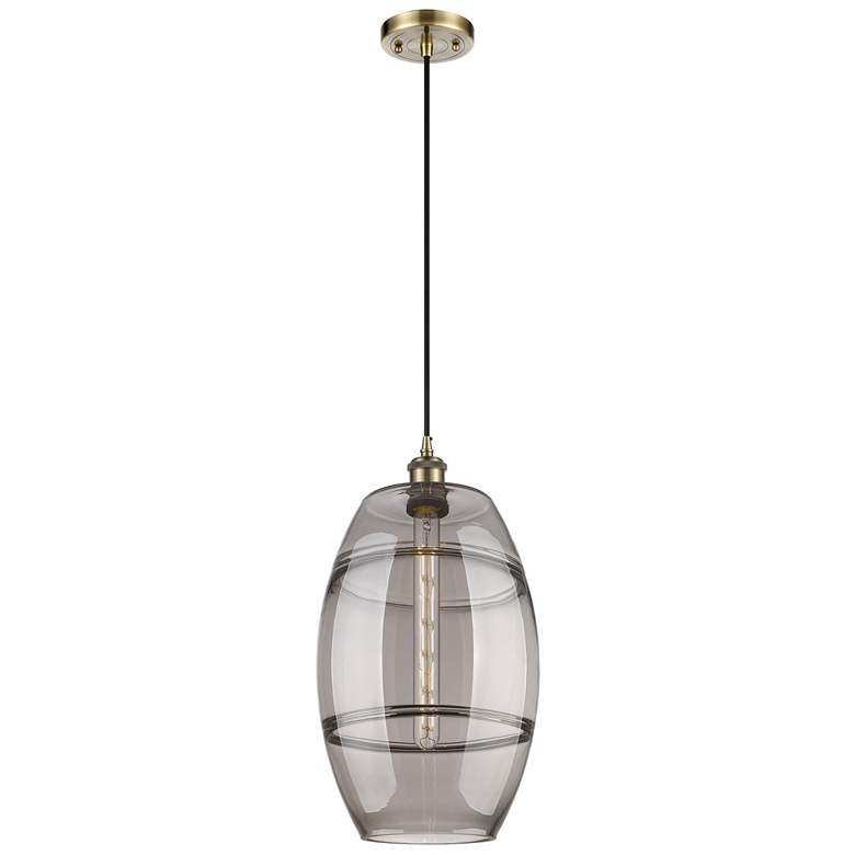 Image 1 Ballston Vaz 10"W Antique Brass Corded Mini Pendant w/ Light Smoke Sha