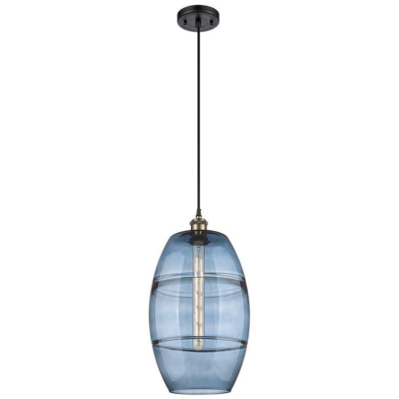 Image 1 Ballston Vaz 10"W Black Antique Brass Corded Mini Pendant w/ Blue Shad