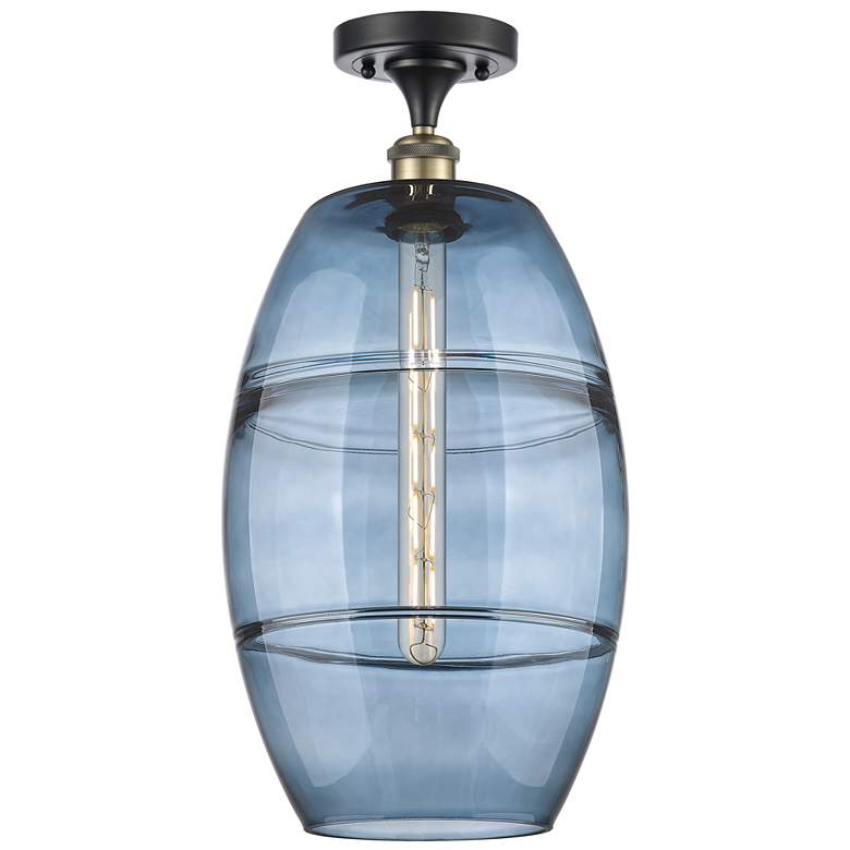 Image 1 Ballston Vaz 10"W Black Antique Brass Semi-Flush w/ Princess Blue Shad