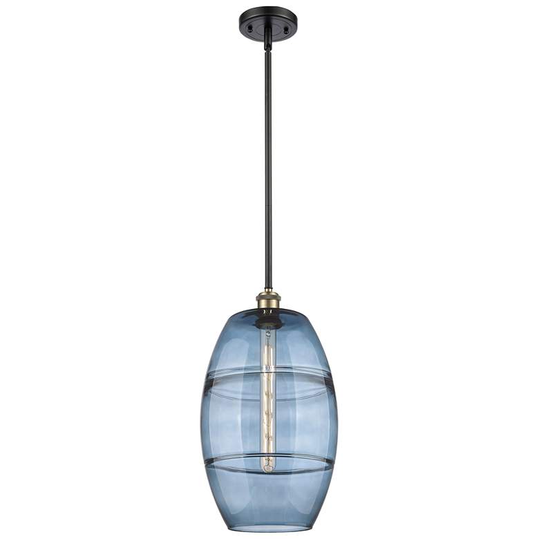 Image 1 Ballston Vaz 10"W Black Antique Brass Stemmed Mini Pendant w/ Blue Sha