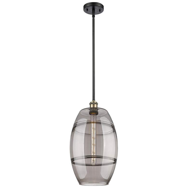 Image 1 Ballston Vaz 10"W Black Brass Stemmed Mini Pendant w/ Light Smoke Shad