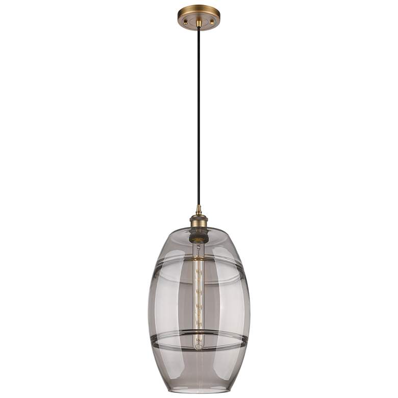 Image 1 Ballston Vaz 10"W Brushed Brass Corded Mini Pendant w/ Light Smoke Sha