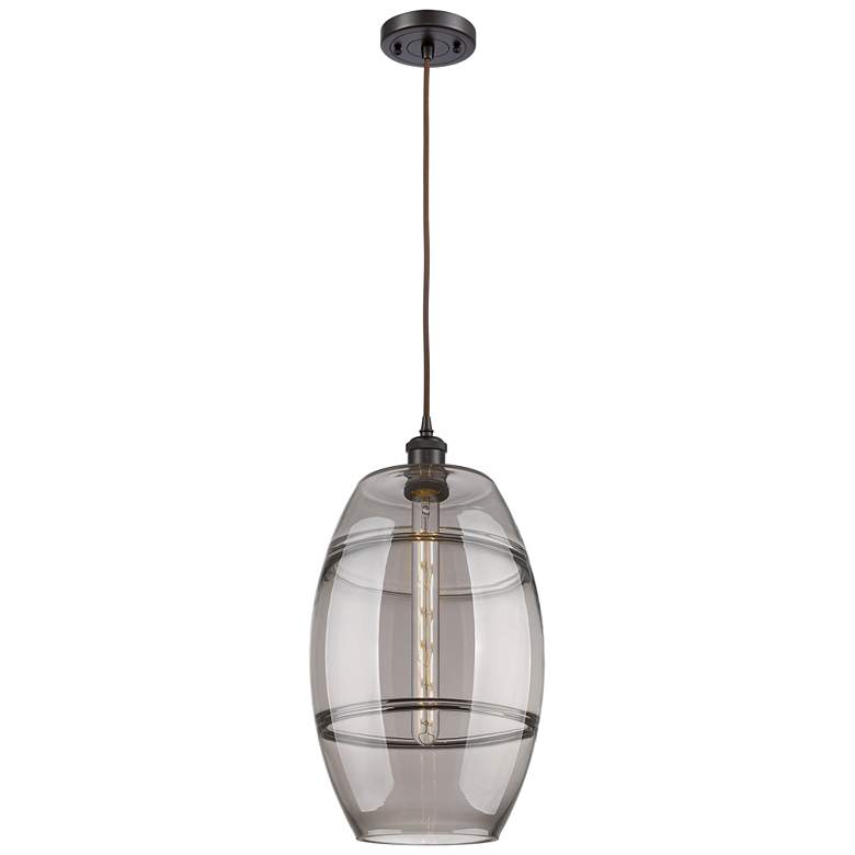 Image 1 Ballston Vaz 10"W Oiled Bronze Corded Mini Pendant w/ Light Smoke Shad