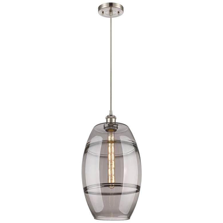 Image 1 Ballston Vaz 10"W Satin Nickel Corded Mini Pendant w/ Light Smoke Shad