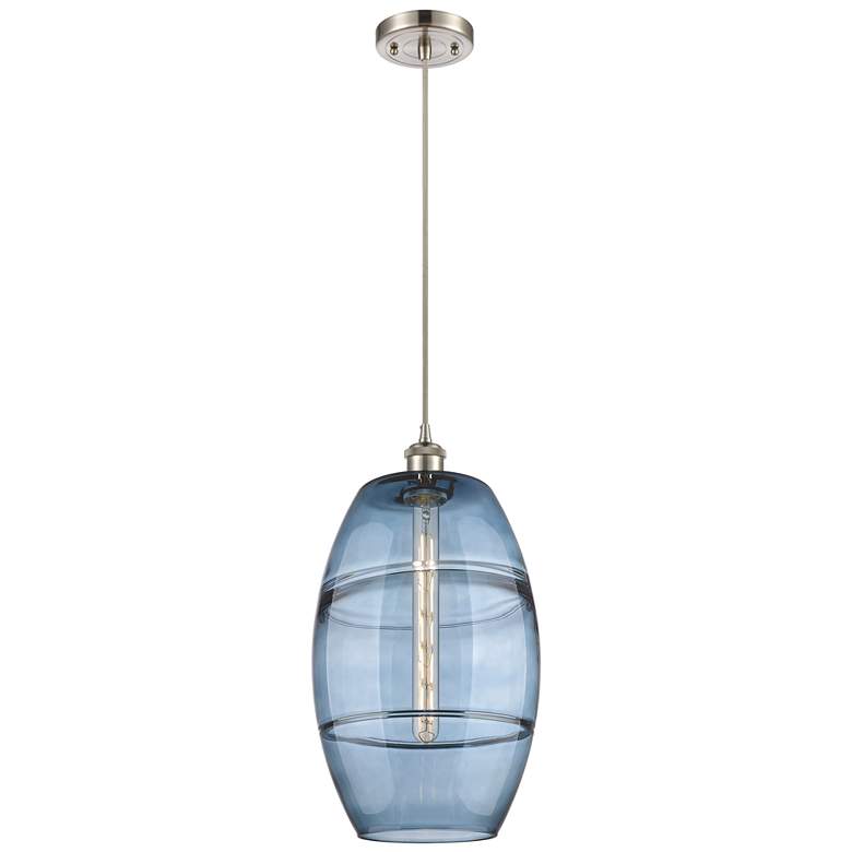 Image 1 Ballston Vaz 10"W Satin Nickel Corded Mini Pendant w/ Princess Blue Sh