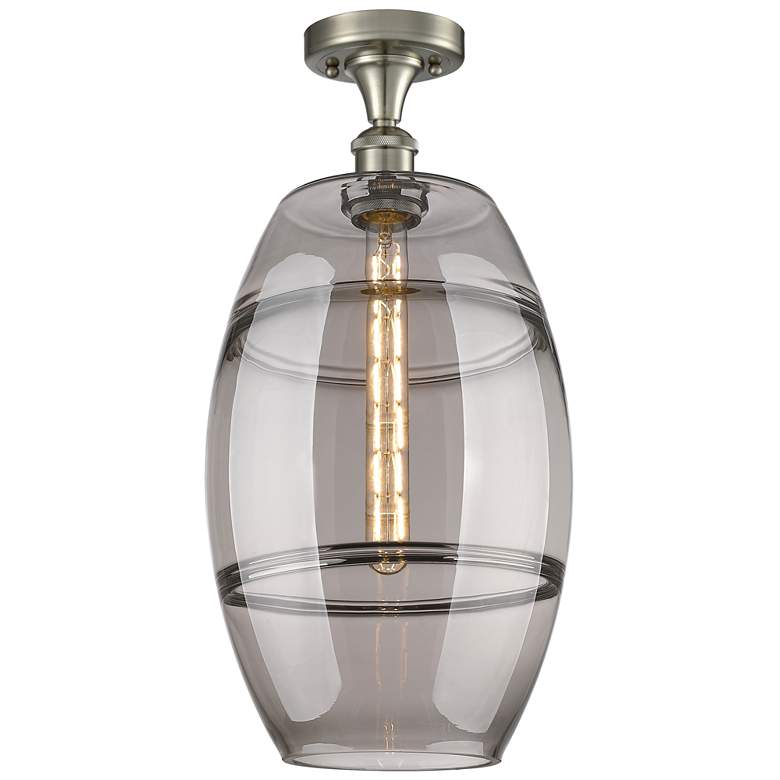 Image 1 Ballston Vaz 10"W Satin Nickel Semi-Flush Mount w/ Light Smoke Shade