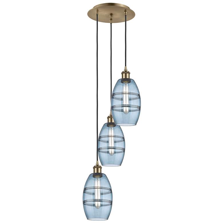 Image 1 Ballston Vaz 12.38"W 3-Light Antique Brass Corded Pendant w/ Blue Shad