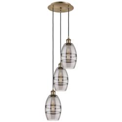 Ballston Vaz 12.38"W 3-Light Antique Brass Corded Pendant w/ Smoke Sha