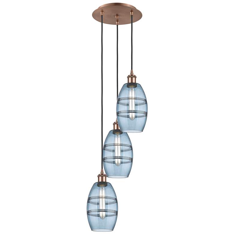 Image 1 Ballston Vaz 12.38"W 3-Light Antique Copper Corded Pendant w/ Blue Sha