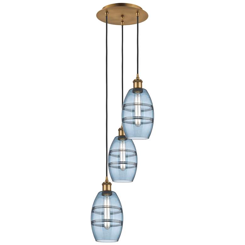 Image 1 Ballston Vaz 12.38"W 3-Light Brushed Brass Corded Pendant w/ Blue Shad