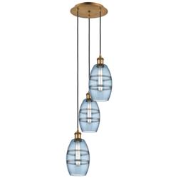 Ballston Vaz 12.38"W 3-Light Brushed Brass Corded Pendant w/ Blue Shad