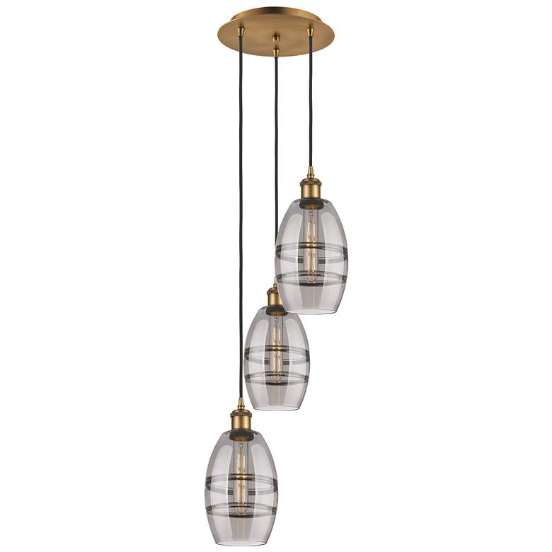 Image 1 Ballston Vaz 12.38"W 3-Light Brushed Brass Corded Pendant w/ Smoke Sha
