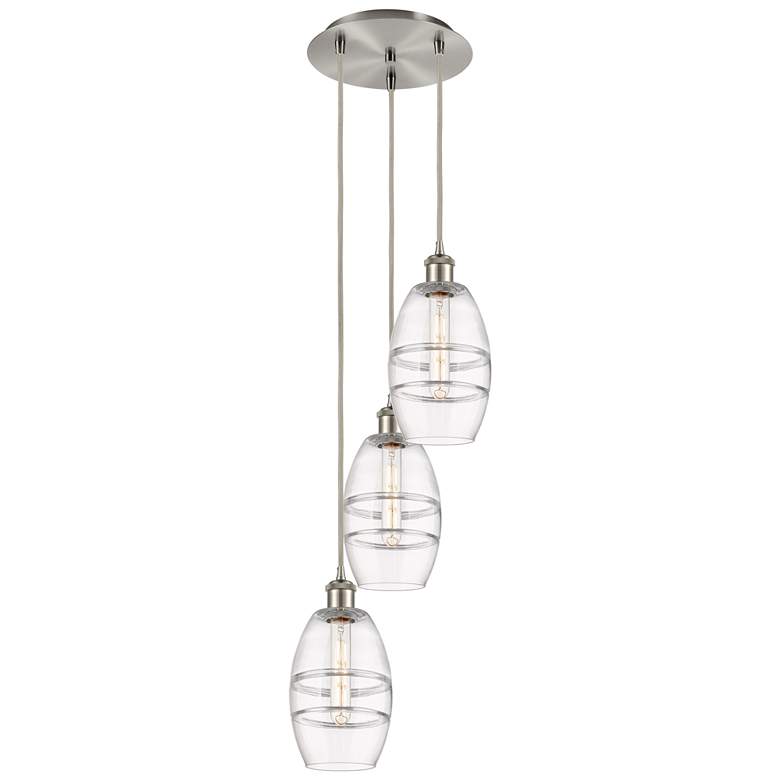 Image 1 Ballston Vaz 12.38"W 3-Light Satin Nickel Corded Pendant w/ Clear Shad