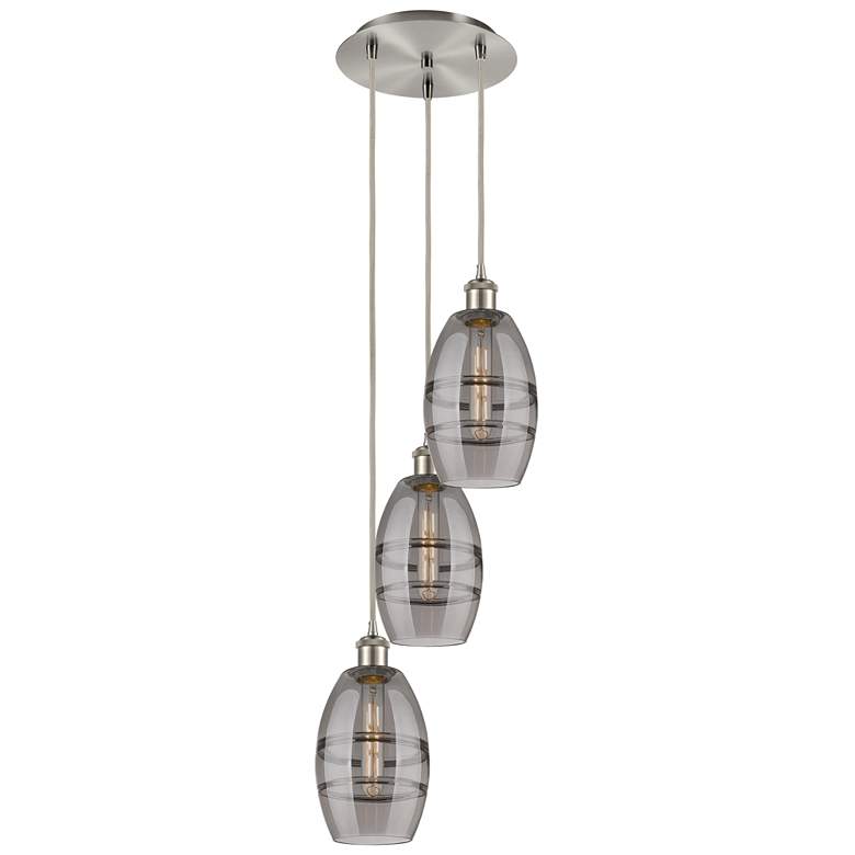 Image 1 Ballston Vaz 12.38"W 3-Light Satin Nickel Corded Pendant w/ Smoke Shad