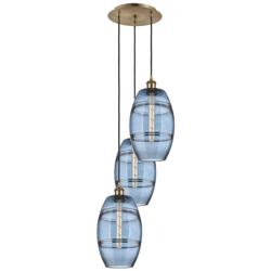 Ballston Vaz 14.5"W 3-Light Antique Brass Corded Pendant w/ Blue Shade