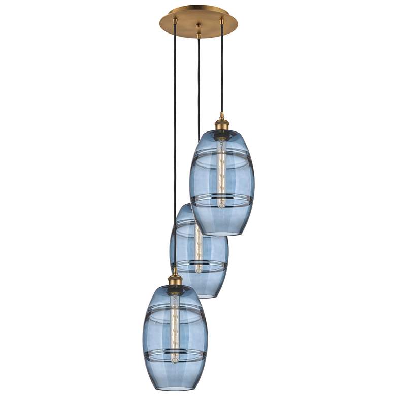Image 1 Ballston Vaz 14.5"W 3-Light Brushed Brass Corded Pendant w/ Blue Shade