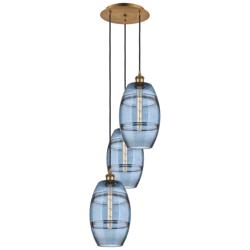 Ballston Vaz 14.5"W 3-Light Brushed Brass Corded Pendant w/ Blue Shade