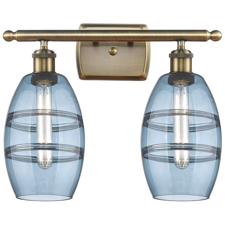 Image 1 Ballston Vaz 15.88"W 2 Light Antique Brass Bath Light w/ Blue Shade