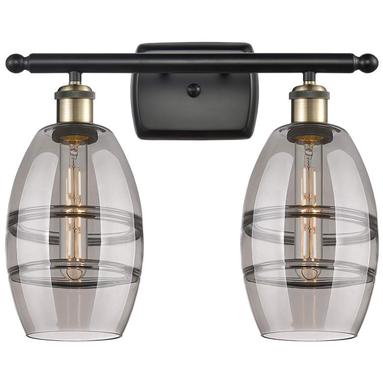 Image 1 Ballston Vaz 15.88"W 2 Light Black Brass Bath Light w/ Light Smoke Sha