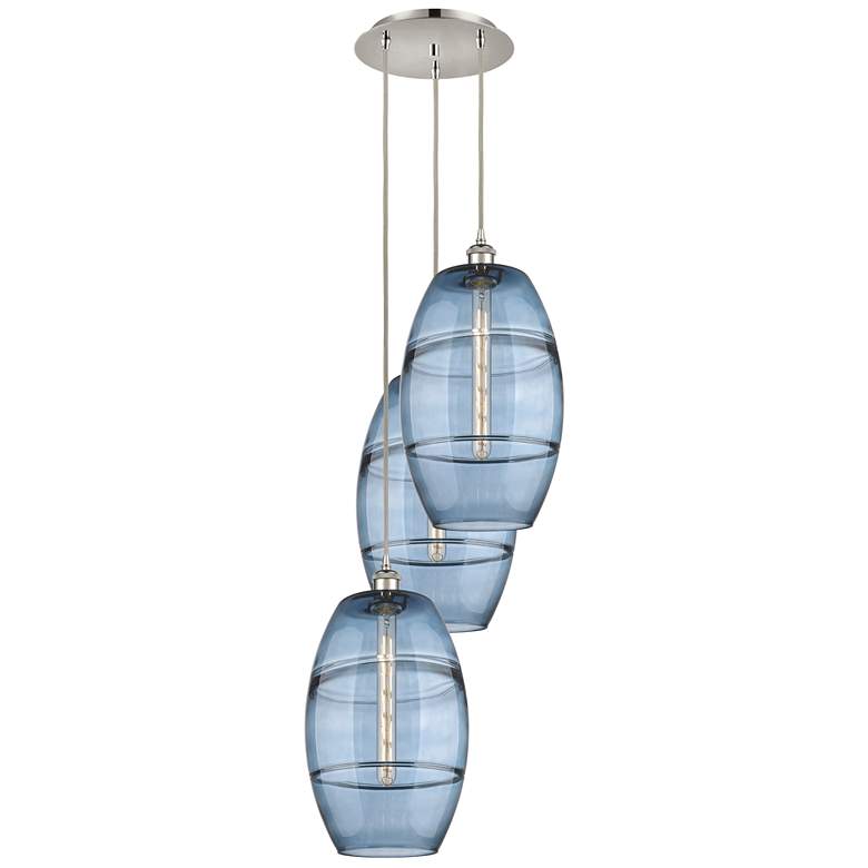 Image 1 Ballston Vaz 16.5"W 3-Light Polished Nickel Corded Pendant w/ Blue Sha