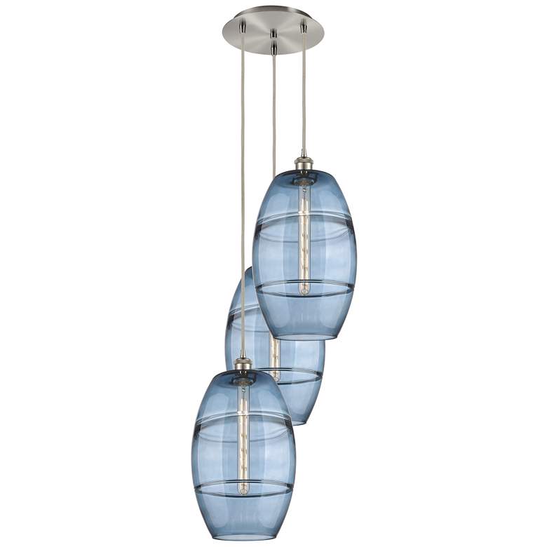 Image 1 Ballston Vaz 16.5"W 3-Light Satin Nickel Corded Pendant w/ Blue Shade