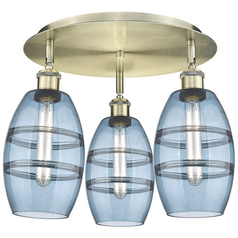 Image 1 Ballston Vaz 17.63"W 3-Light Antique Brass Flush Mount w/ Blue Shade