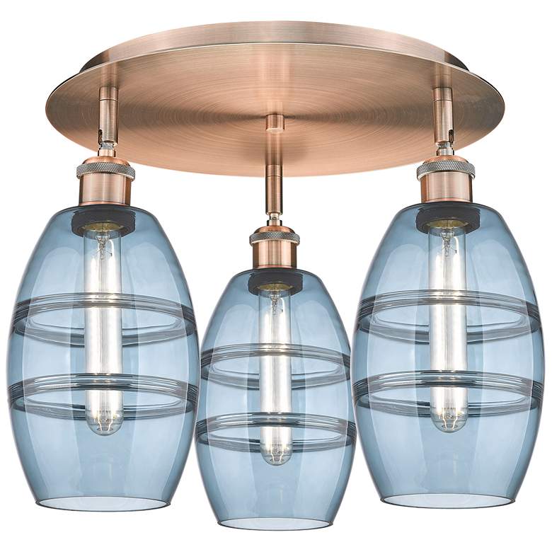 Image 1 Ballston Vaz 17.63"W 3-Light Antique Copper Flush Mount w/ Blue Shade