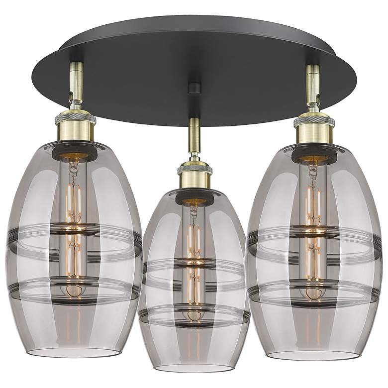 Image 1 Ballston Vaz 17.63"W 3-Light Black Brass Flush Mount w/ Light Smoke Sh