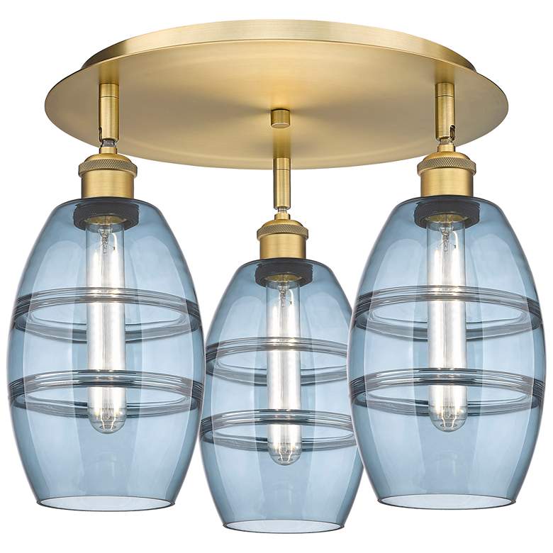 Image 1 Ballston Vaz 17.63"W 3-Light Brushed Brass Flush Mount w/ Blue Shade