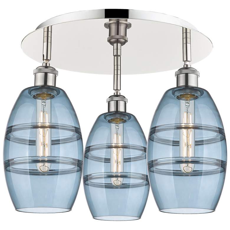 Image 1 Ballston Vaz 17.63"W 3-Light Polished Nickel Flush Mount w/ Blue Shade