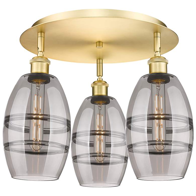 Image 1 Ballston Vaz 17.63"W 3-Light Satin Gold Flush Mount w/ Light Smoke Sha