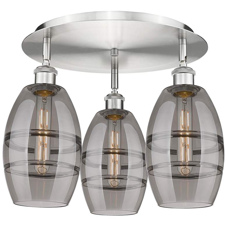 Image 1 Ballston Vaz 17.63"W 3-Light Satin Nickel Flush Mount w/ Light Smoke S