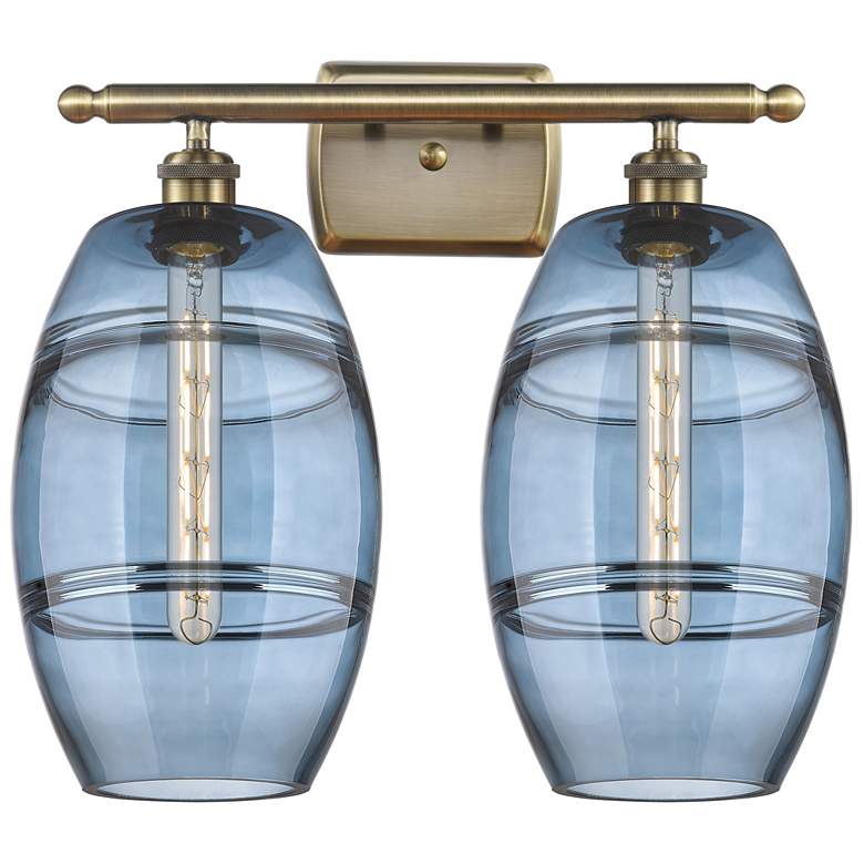 Image 1 Ballston Vaz 18"W 2 Light Antique Brass Bath Light w/ Princess Blue Sh