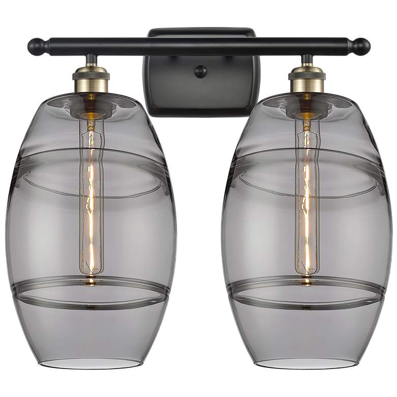 Image 1 Ballston Vaz 18"W 2 Light Black Brass Bath Light w/ Light Smoke Shade