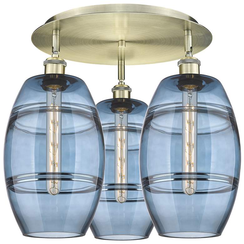 Image 1 Ballston Vaz 19.75"W 3-Light Antique Brass Flush Mount w/ Blue Shade