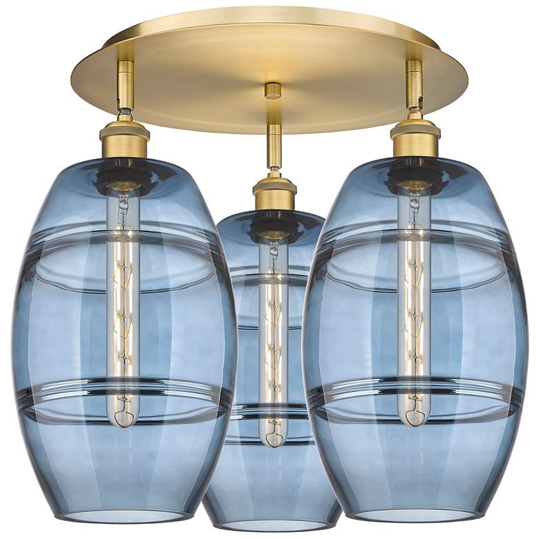 Image 1 Ballston Vaz 19.75"W 3-Light Brushed Brass Flush Mount w/ Blue Shade