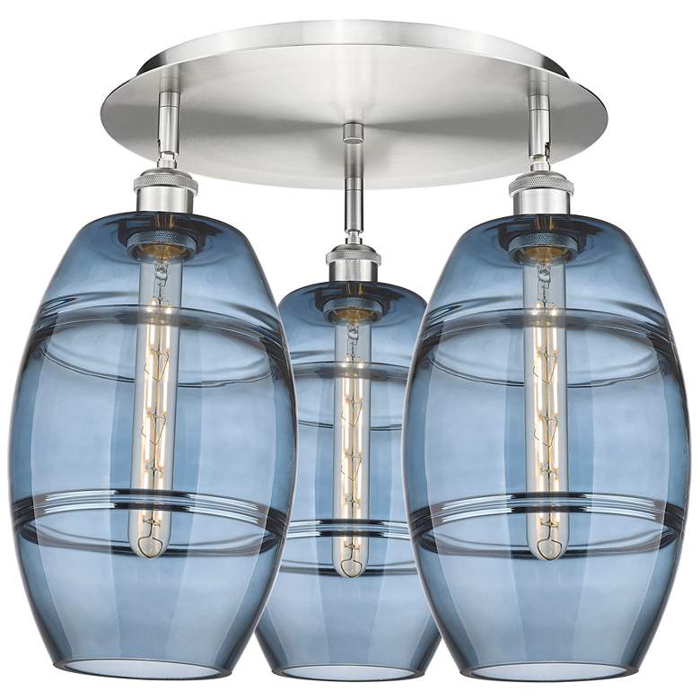 Image 1 Ballston Vaz 19.75"W 3-Light Satin Nickel Flush Mount w/ Blue Shade