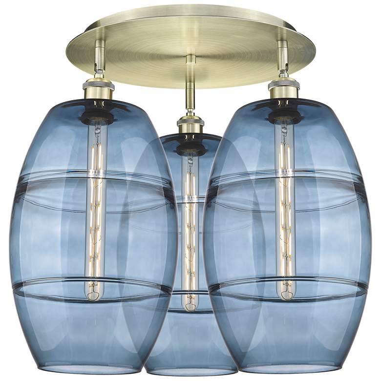Image 1 Ballston Vaz 21.75"W 3-Light Antique Brass Flush Mount w/ Blue Shade