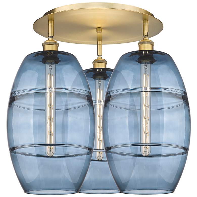Image 1 Ballston Vaz 21.75"W 3-Light Brushed Brass Flush Mount w/ Blue Shade