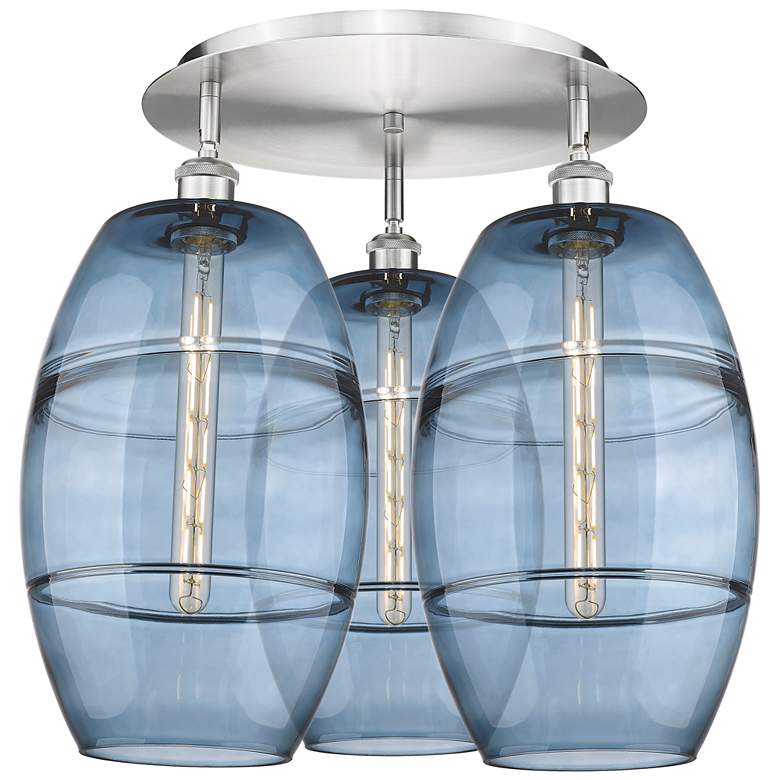 Image 1 Ballston Vaz 21.75"W 3-Light Satin Nickel Flush Mount w/ Blue Shade